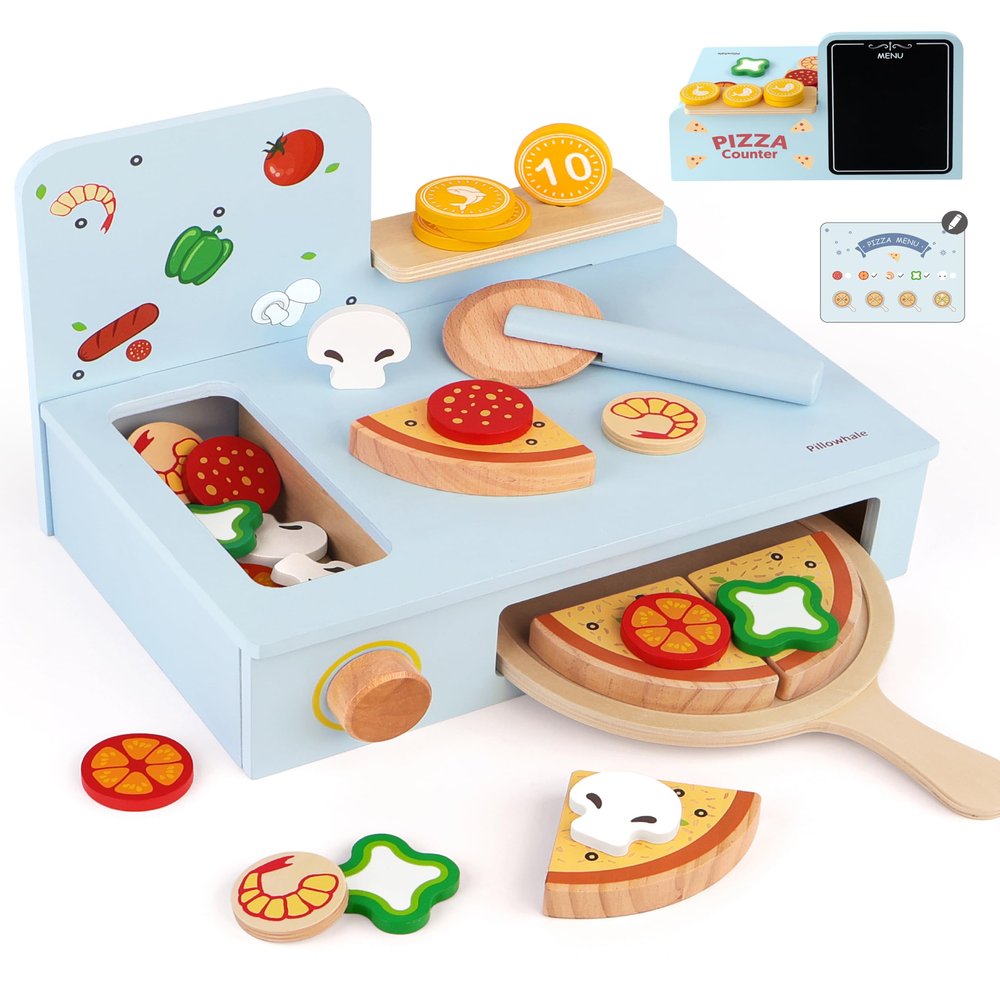 Pillowhale Wooden Pizza Play Set 24 PCS Slice&Serve Pretend Play Pizza Toy, HookandLoop Cutting, Montessori Kitchen Role Play, Wooden Play Food Gift for Toddlers Ages 36