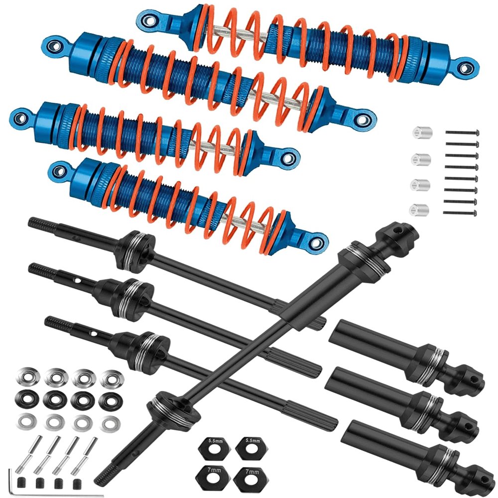 Rcarmumb CVD Shock Absorbers Upgrade Parts for 1/10 Slash 4x4,Stampede 4x4,Rustler 4x4,Hoss 4x4,Front Rear 4PCS Steel #45 DriveShaft Axles w/Hex,Alloy Alumium Big Bore Shocks,Black & Navy Blue