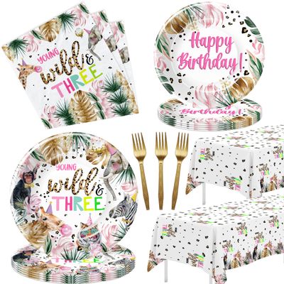 APOWBLS Young Wild And Three Decorations Girl Tableware, Safari 3rd Birthday Party Supplies, Plate, Napkin, Tablecloth, Fork, Animal Jungle 3 Year Old Birthday Decorations Dinnerware | Serves 24