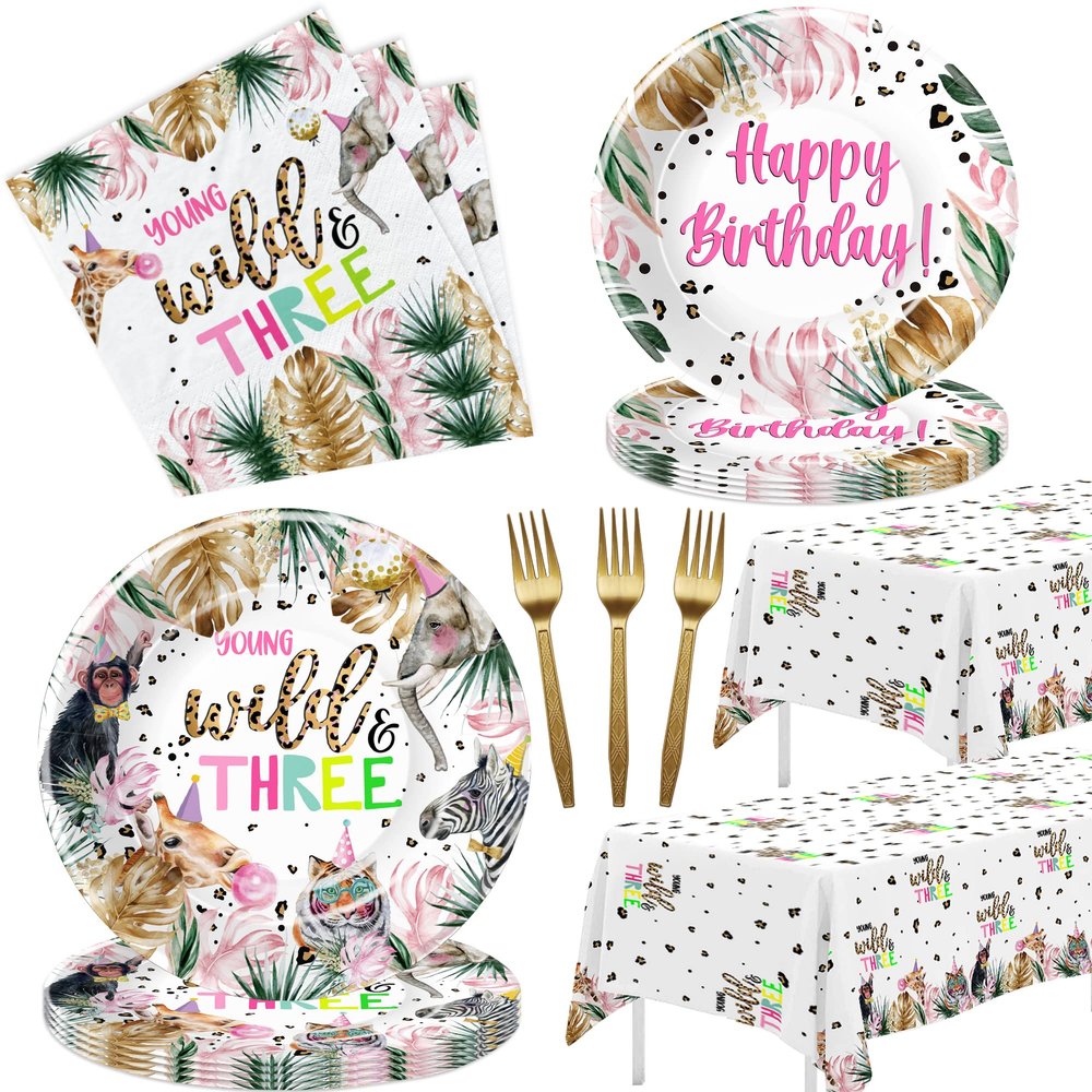 APOWBLS Young Wild And Three Decorations Girl Tableware, Safari 3rd Birthday Party Supplies, Plate, Napkin, Tablecloth, Fork, Animal Jungle 3 Year Old Birthday Decorations Dinnerware | Serves 24
