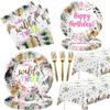 APOWBLS Young Wild And Three Decorations Girl Tableware, Safari 3rd Birthday Party Supplies, Plate, Napkin, Tablecloth, Fork, Animal Jungle 3 Year Old Birthday Decorations Dinnerware | Serves 24 view 1