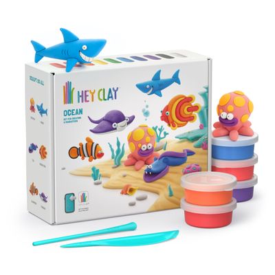Hey Clay 15 Cans Set - Colourful Modelling Kids Air-Dry Clay 15 Cans with Sculpting Tools and Fun Interactive Instructions for Children Age 3+ (Ocean)