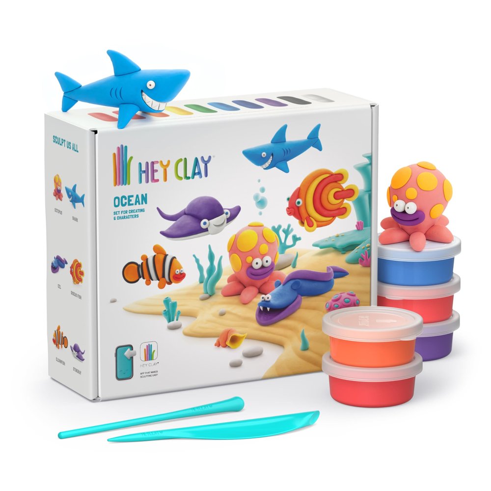 Hey Clay 15 Cans Set - Colourful Modelling Kids Air-Dry Clay 15 Cans with Sculpting Tools and Fun Interactive Instructions for Children Age 3+ (Ocean)