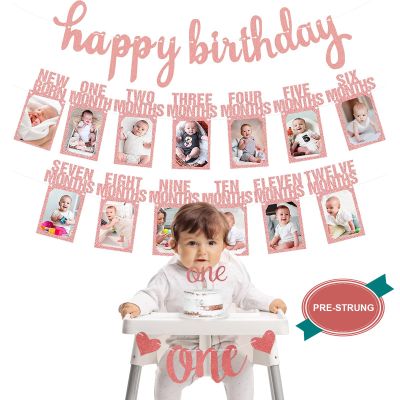 1st Birthday Baby Photo Banner, Happy Birthday Banner 17pcs First Birthday Decorations for Girl Newborn to 12 Months, First Birthday Photo Banner Garland Bunting with ONE Cake Topper, Rose Gold