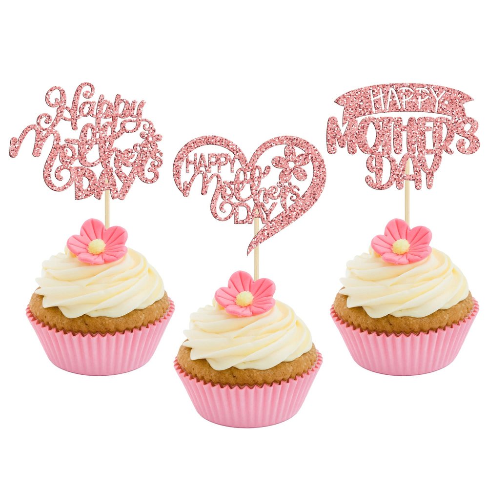 24Pcs Happy Mother's Day Cupcake Toppers Glitter Heart Rose Flower Love Mother Best Mom Cupcake Picks for Happy Mother's Day Theme Women Birthday Party Cake Decorations Supplies Rose Gold