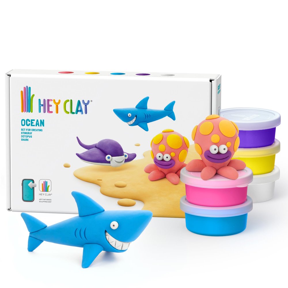 HEY CLAY Colorful Modeling Air Dry Clay for Kids 6 cans with Fun Interactive Instructions App - Kids Activities Age 3+ (Ocean: Shark, Octopus, Stingray)