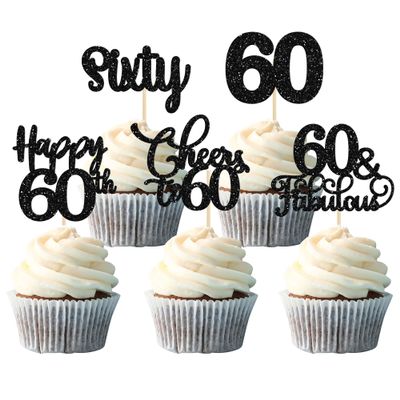 30 Pack Happy 60th Birthday Cupcake Toppers Glitter Sixty Cheers to 60 Years Old Birthday Cupcake Picks for 60th Anniversary Party Cake Decorations Supplies Black