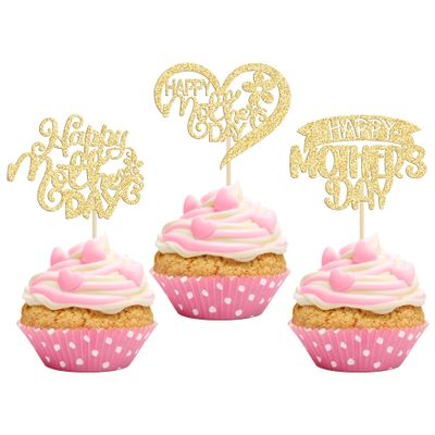 24Pcs Happy Mother's Day Cupcake Toppers with Glitter Heart Love Flower Mother Best Mom Cupcake Picks for Happy Mother's Day Theme Women Birthday Party Cake Decorations Supplies Gold