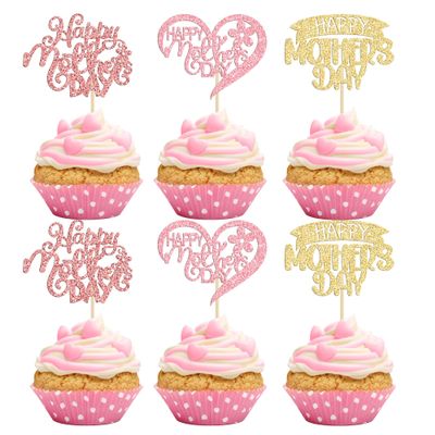 24Pcs Happy Mother's Day Cupcake Toppers Colorful Glitter Love Heart Rose Flower Best Mom Cupcake Picks for Happy Mother's Day Theme Women Birthday Party Cake Decorations Supplies