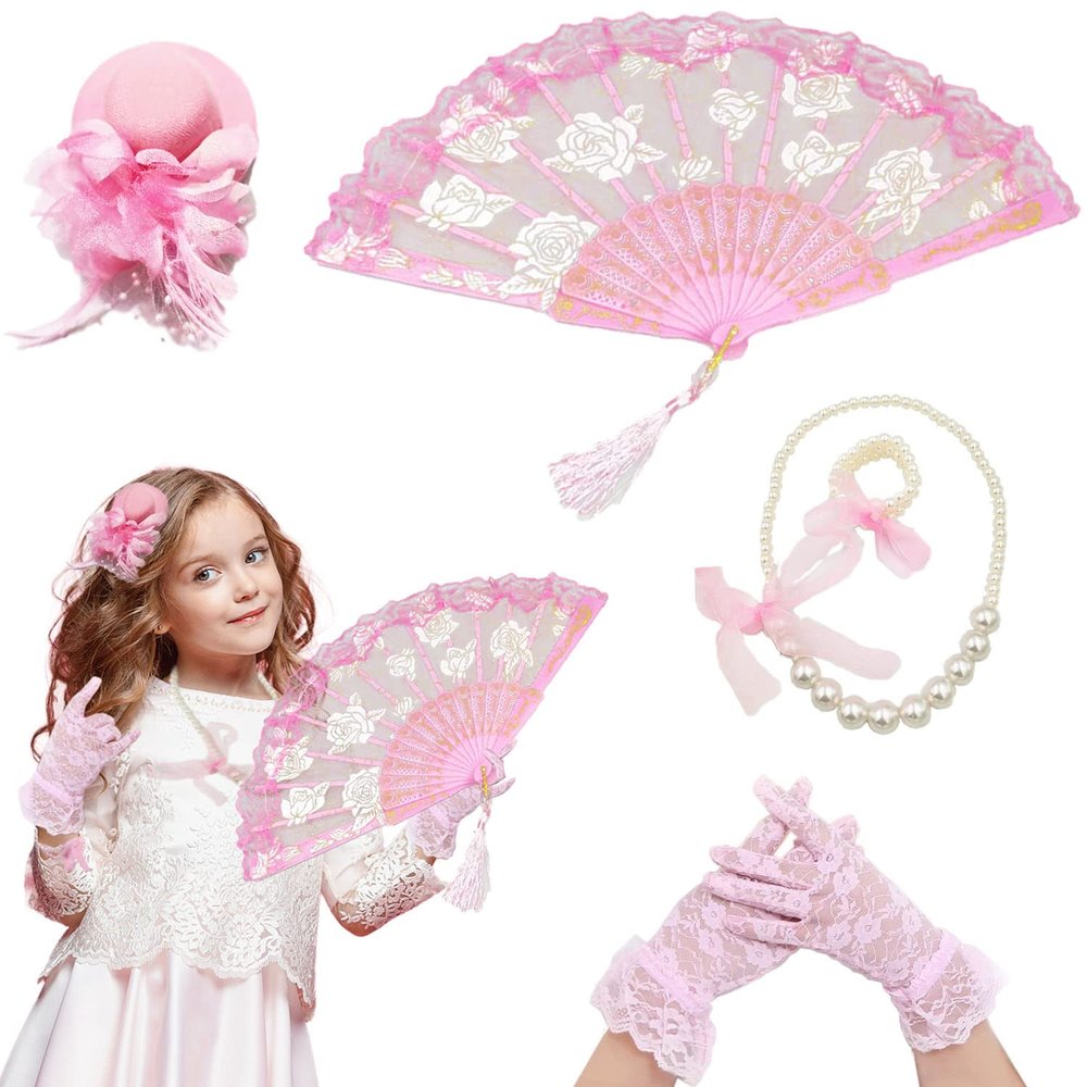 5pcs Tea Party Supplies Kit - Tea Party Hat, Princess Pearl Necklace, Bracelet, Folding Fan & Gloves for Girls Toddler Birthday Dress Up Party Favors Decor (B)