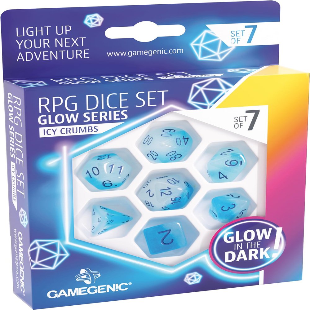 Glow Series ICY Crumbs RPG Dice Set | Set of 7 Glow-in-The-Dark Dice in a Variety of Sizes Designed for Roleplaying Games | Premium Quality Resin Dice | Vibrant Blue Color | Made by Gamegenic
