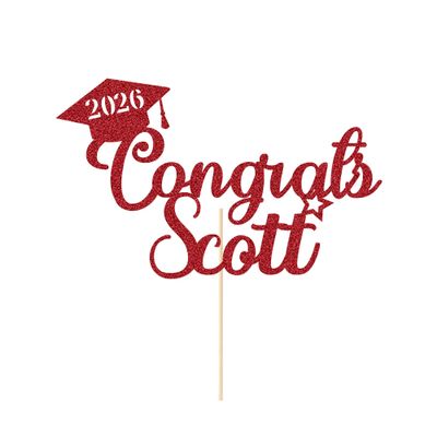 Graduation Cake Topper Personalized Congrats Graduation Cake Topper Class of 2026 Cake Topper Gift Graduation Finish School Glitter Graduate Party Cake Decor with Any Name(Red)