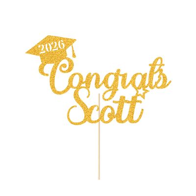 Graduation Cake Topper Personalized Congrats Graduation Cake Topper Class of 2026 Cake Topper Gift Graduation Finish School Glitter Graduate Party Cake Decor with Any Name(Gold)