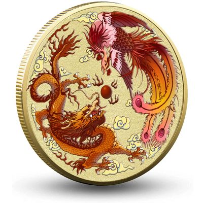 Colorful Chinese Dragon and Phoenix Lucky Coin - Lottery Ticket Scratching - Attract Good Fortune - Good Luck Challenge Coin