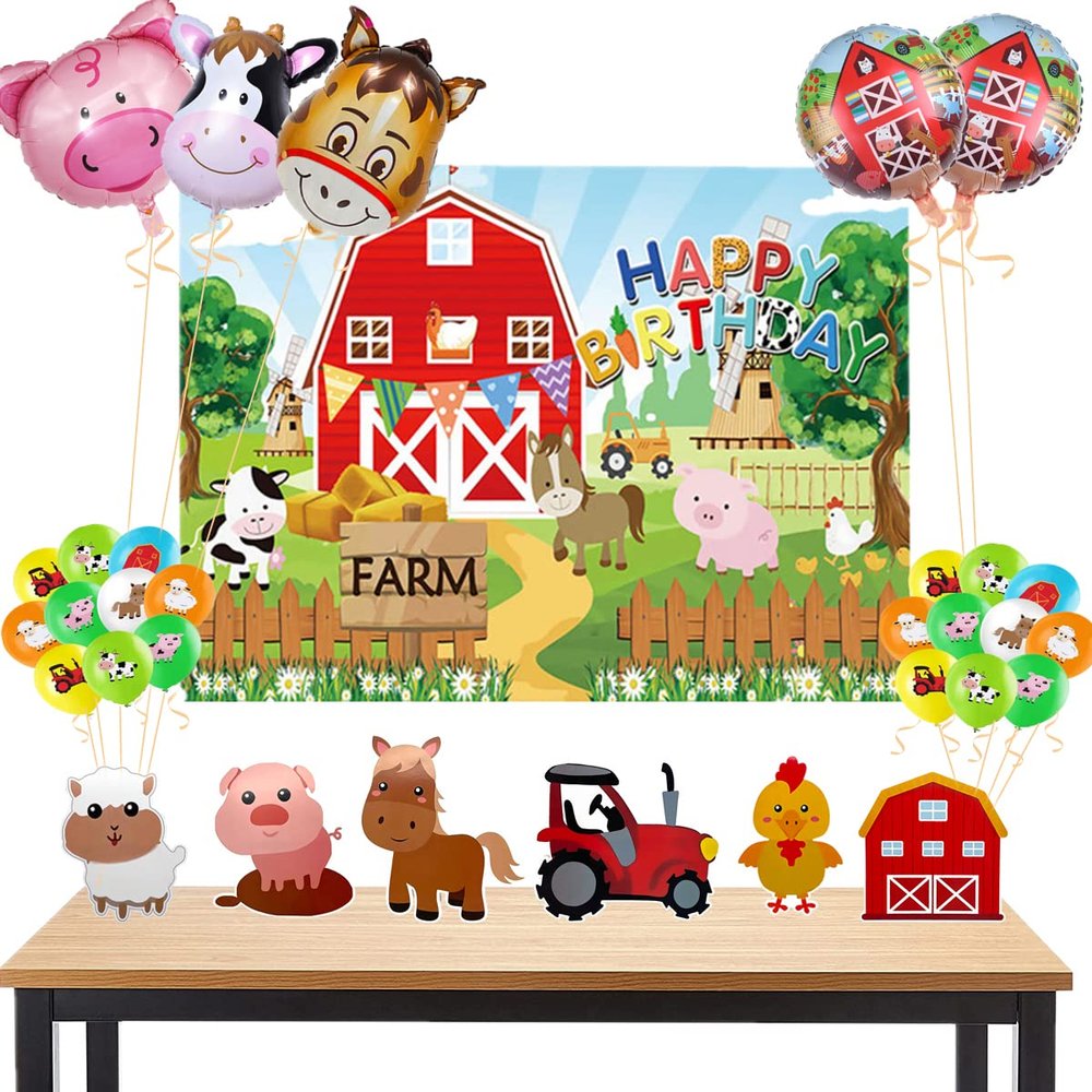 36 Pcs Farm Themed Party Supplies - Indoor and Outdoor Animals 3D Table Decorations, Including Centerpieces, Background Cloth and Balloons