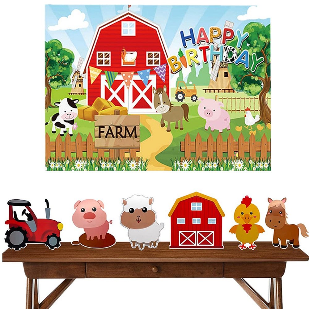 7Pcs Farm Themed Party Supplies - Indoor and Outdoor 3D Table Decoration, Including Animals Centerpieces and Happy Birthday Background Cloth