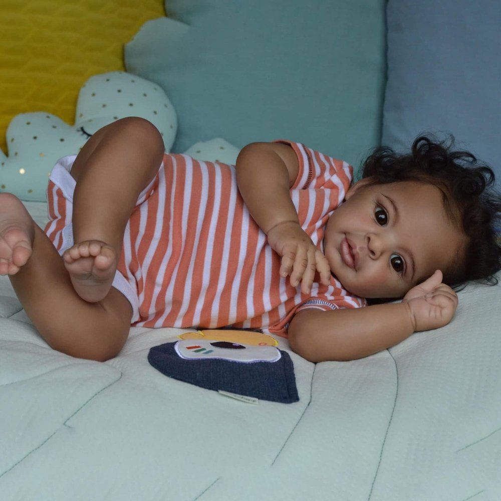 Angelbaby Lifelike Cute Reborn Black Baby Doll, 21 Inch African Ameircan Newborn Girl Baby Doll Look Real Life Soft Body Biracial Baby with Curly Hair Doll Gift Sets