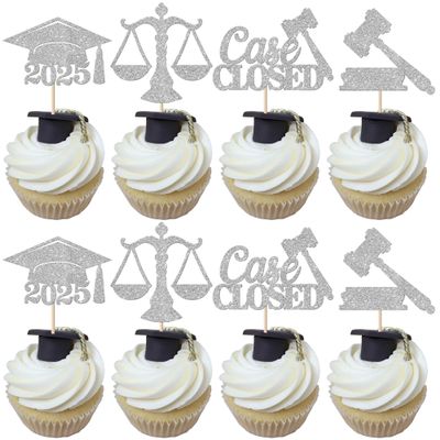24 Pack Lawyer 2026 Graduation Cupcake Toppers Glitter Class of 2026 Grad Cap Law School Survivor Cupcake Picks for 2026 Lawyer Graduation Party Cake Decorations Supplies Silver