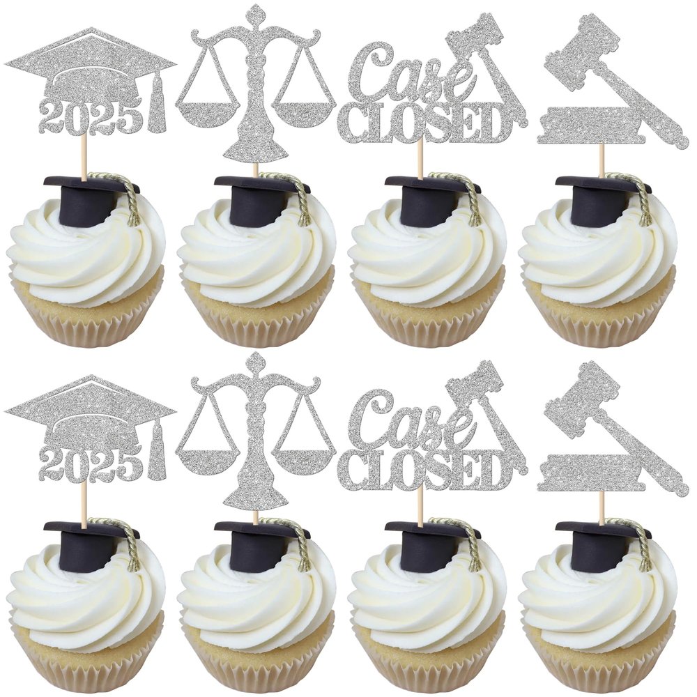 24 Pack Lawyer 2026 Graduation Cupcake Toppers Glitter Class of 2026 Grad Cap Law School Survivor Cupcake Picks for 2026 Lawyer Graduation Party Cake Decorations Supplies Silver