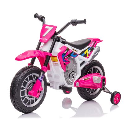 AOKOY 12 Volt Girls Electric Motorcycle with Training Wheels Kids Dirt Bike Battery Powered Ride On Toy Rechargeable Motorbike with 2 Speeds Music Player Shock Absorber, Rose Pink