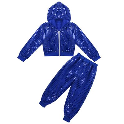 ACSUSS Kids Girls Boys Shiny Sequins Jacket Pants Jazz Hip Hop Street Dance Outfit Performance Dancewear Blue 4-5 Years
