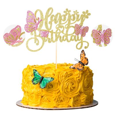 Gyufise 1Pcs Butterfly Cake Toppers Glitter Happy Birthday 3D Cupcake Toppers Cake Decorations for Wedding Baby Shower Kids Party Supplies Gold Pink