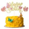 Gyufise 1Pcs Butterfly Cake Toppers Glitter Happy Birthday 3D Cupcake Toppers Cake Decorations for Wedding Baby Shower Kids Party Supplies Gold Pink view 1