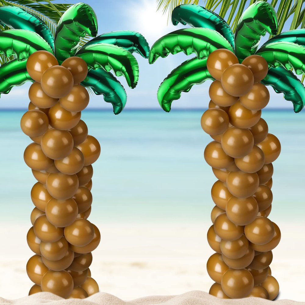 100 Pcs Palm Tree Leaves Balloons Coconut Balloons Set 10 Foil Green Coconut Tree Leaves Balloon 90 Brown Latex for Hawaii Luau Tropical Party Birthday Baby Shower (Stylish Color)