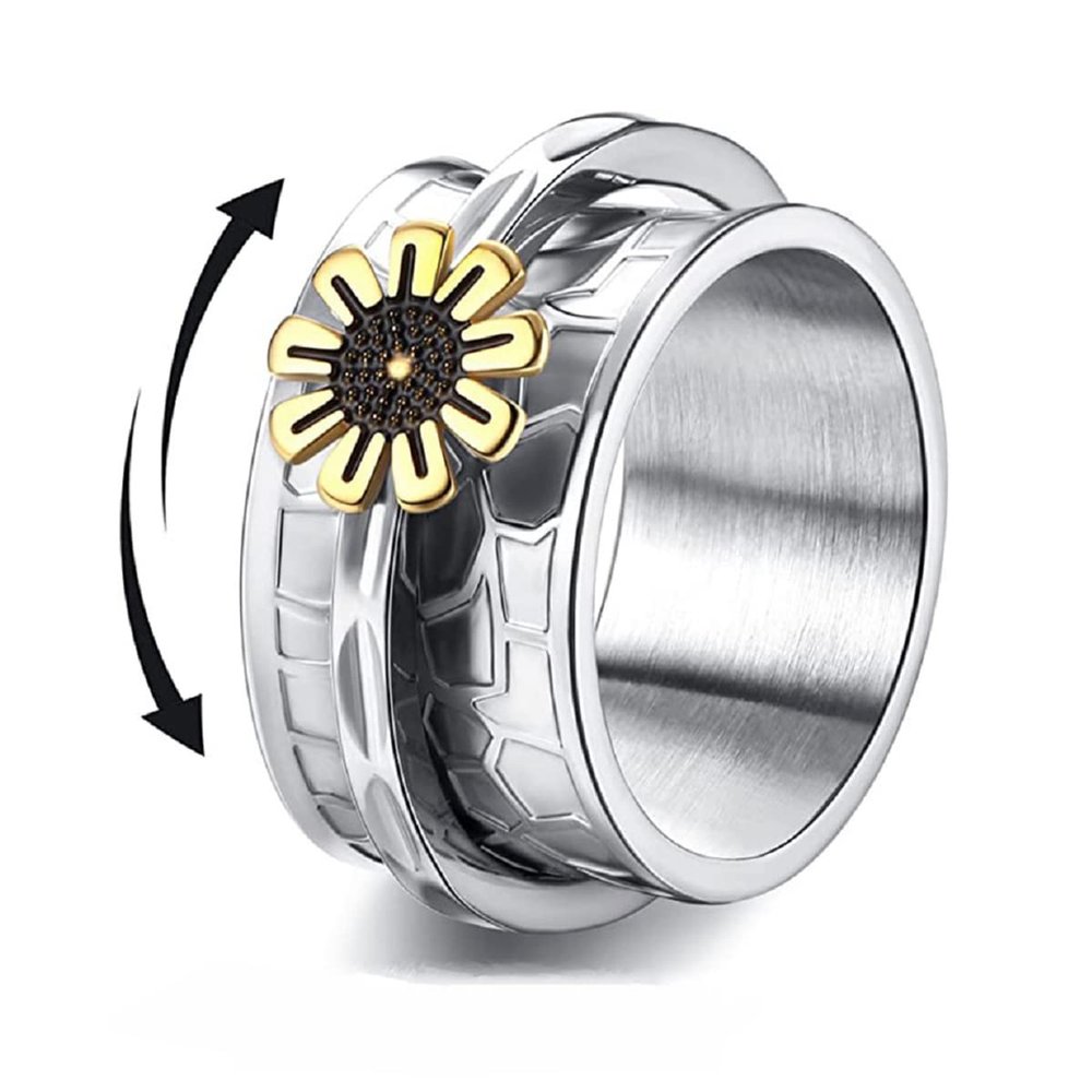 Jukoclut Women's Stainless Steel Daisy Charm Spinning Fidget Anxiety Band Rings Jewelry Silver Size 7