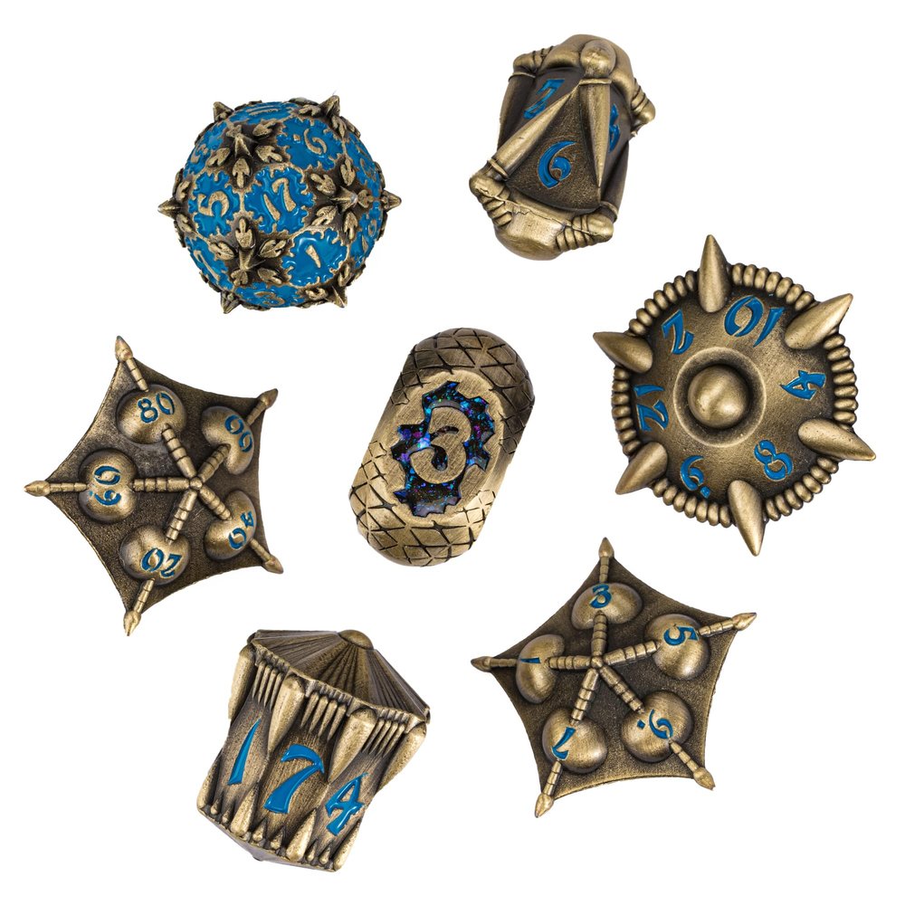 UDIXI Dragon Metal Dice Set D&D, 7-die Polyhedral Dice Set with Unique Shape for DND Role Playing Games(Bronze with Blue Number)
