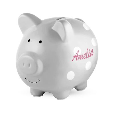 Custom Ceramic Piggy Banks for Kids | Perfect Sized Cute Coin Saving Pot with Rubber Holders | Personalized Name Pig Money Box for Girls and Boys - Grey