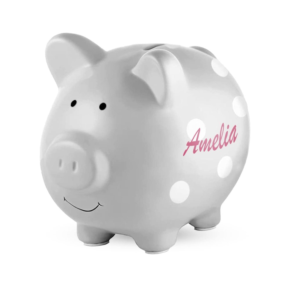 Custom Ceramic Piggy Banks for Kids | Perfect Sized Cute Coin Saving Pot with Rubber Holders | Personalized Name Pig Money Box for Girls and Boys - Grey