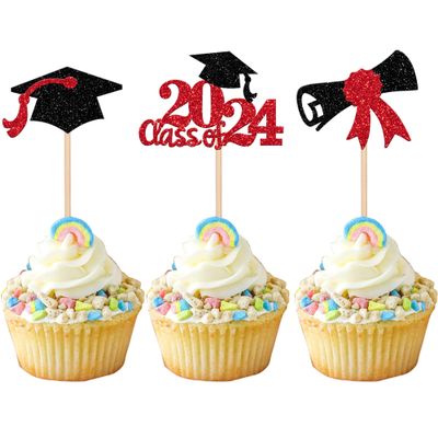 24 PCS Class of 2024 Graduation Cupcake Toppers Glitter Diploma 2024 Graduation Cap Cupcake Picks for 2024 Graduation Theme Party Cake Decorations Supplies Black Red