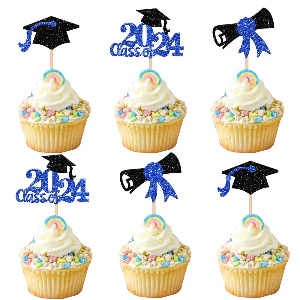 24 PCS 2024 Graduation Theme Cupcake Toppers Glitter Diploma Graduation Cap Class of 2024 Cupcake Picks for 2024 Graduation Theme Party Cake Decorations Supplies Blue