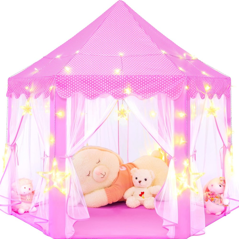KIXINWA Pink Princess Tent for Girls, Kids Play Tent with LED Large Star Lights, Castle Playhouse Tent for Children Toddlers Indoor Outdoor Games, 5553 Inches
