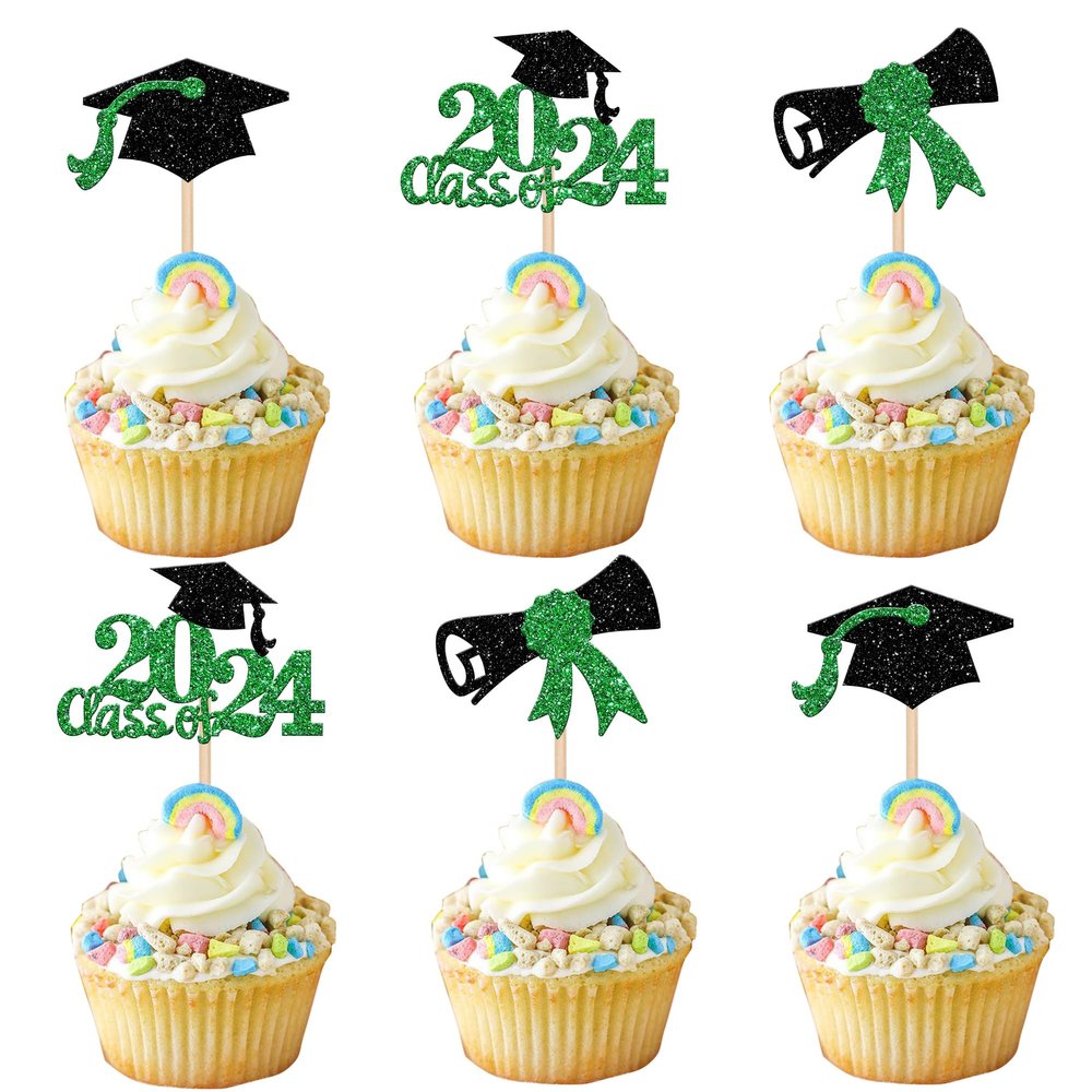 24 PCS 2024 Graduation Cupcake Toppers Glitter Class of 2024 Cupcake Picks Diploma Graduation Cap Cake Decorations for 2024 Graduation Theme Party Supplies Green