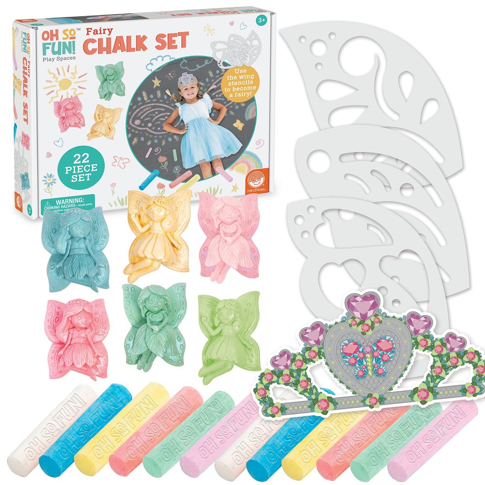 MindWare Oh So Fun! Fairy Sidewalk Chalk Set - Great Chalk For Toddlers Including Chalk Holders & Fairy Wing Stencils For Kids Ages 3+