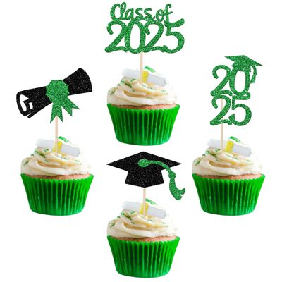 36 PCS Class of 2025 Graduation Cupcake Toppers - Glitter Diploma and Cap Picks for Theme Party Cake Decorations Supplies - Green