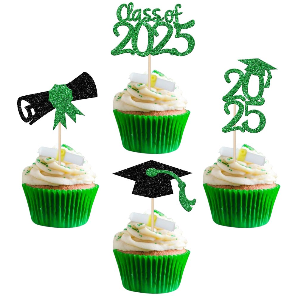 36 PCS Class of 2025 Graduation Cupcake Toppers - Glitter Diploma and Cap Picks for Theme Party Cake Decorations Supplies - Green