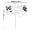 1Pcs Glitter Happy Birthday 3D Black Butterfly Cupcake Toppers for Wedding Baby Shower Kids Party Supplies Silver view 2
