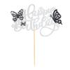 1Pcs Glitter Happy Birthday 3D Black Butterfly Cupcake Toppers for Wedding Baby Shower Kids Party Supplies Silver view 3