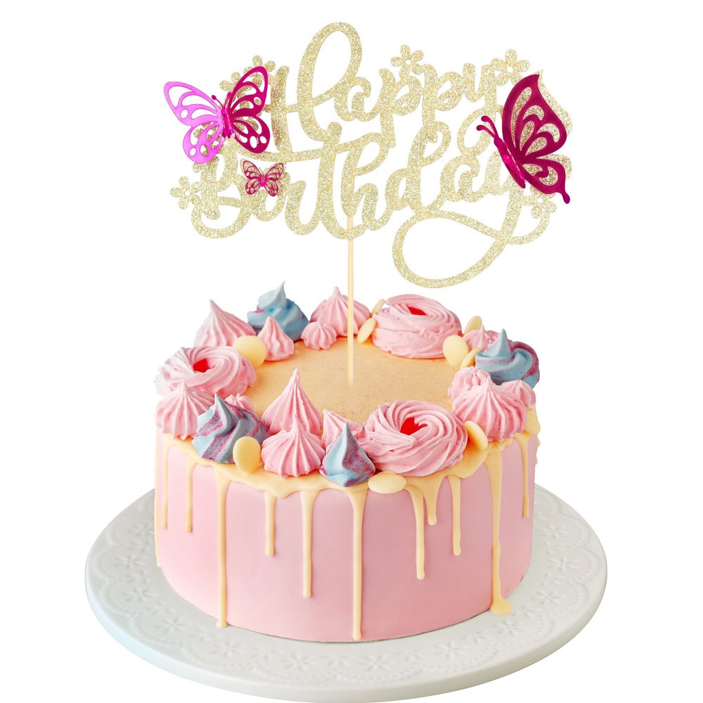 1Pcs Butterfly Cake Toppers With Glitter Happy Birthday Cake Topper Rose Red 3D Butterfly Cupcake Toppers for Wedding Anniversary Baby Shower kids Birthday Party Cake Decorations Gold
