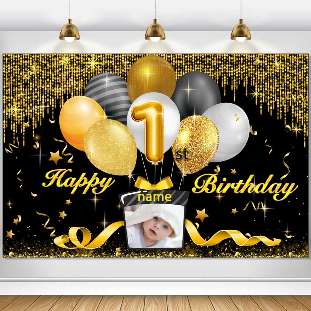 Custom 1st Birthday Decoration Banner - Personalized Black and Gold Party Supplies with Photo and Name