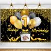 Custom 1st Birthday Decoration Banner - Personalized Black and Gold Party Supplies with Photo and Name view 1