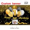 Custom 1st Birthday Decoration Banner - Personalized Black and Gold Party Supplies with Photo and Name view 2