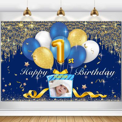 Custom 1st Birthday Decoration Banner - Personalize Your Celebration with Your Own Photo and Name-Navy blue