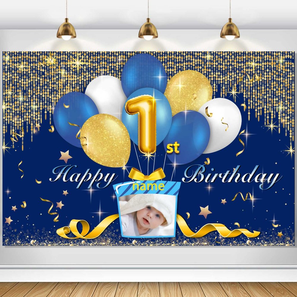 Custom 1st Birthday Decoration Banner - Personalize Your Celebration with Your Own Photo and Name-Navy blue