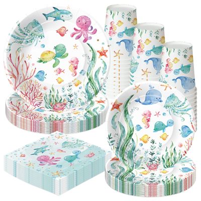 APOWBLS 192 PCS Ocean Under The Sea Party Decorations Dinnerware For Birthday Baby Shower, Ocean Theme Party Supplies, Plate, Cup, Napkin, Underwater World Sea Life Theme Party Tableware, Serve 48