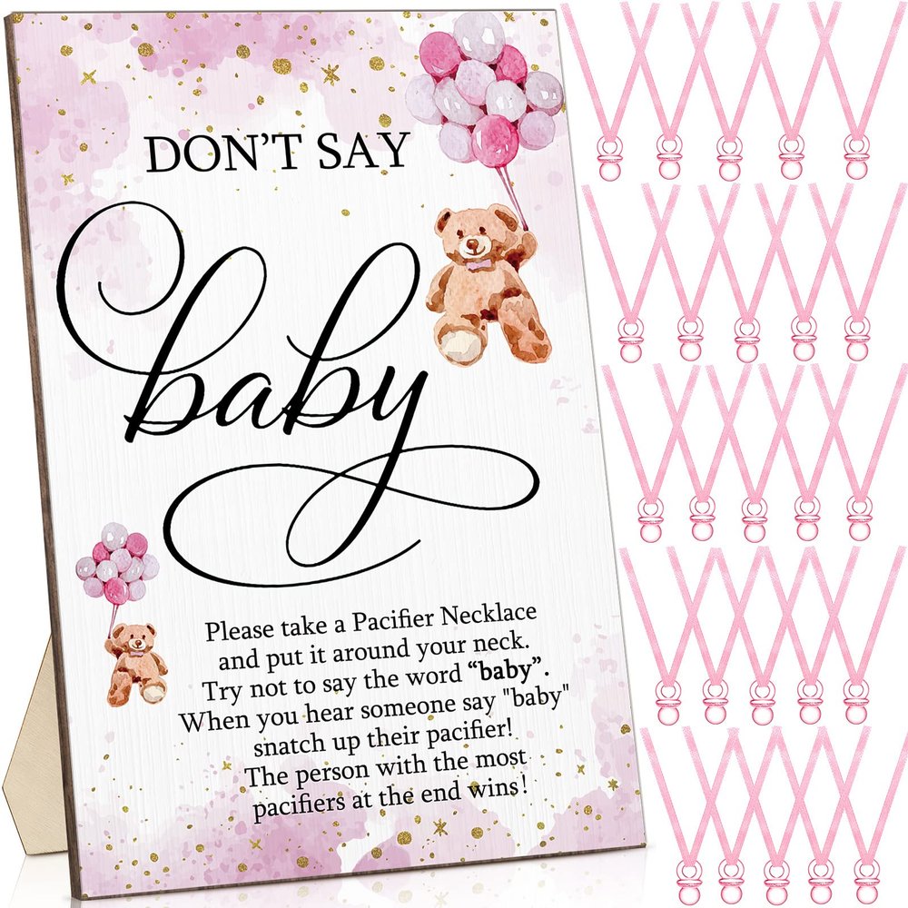 Wesiti 51 Pcs Cool Baby Shower Game Wooden Bear Sign Gift Sets 50 Baby Shower Pacifiers Necklace Acrylic Pacifier for Gender Reveal Party Favor(Pink)