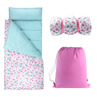 Hi Sprout Toddlers Nap Mat with Removable Pillow and Soft Blanket, Lightweight Daycare Preschool Kindergarten Sleeping Bag, Travel Slumber for Kids Girls Boys (Pink Flowers)
